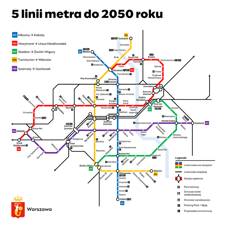 Masterplan_pięć linii metra do 2050 roku_graf. UM Warszawa