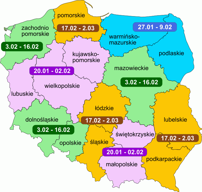 mapa Polski - ferie 2025