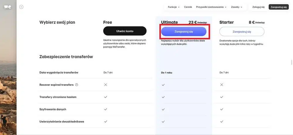 WeTransfer - tworzenie konta Ultimate