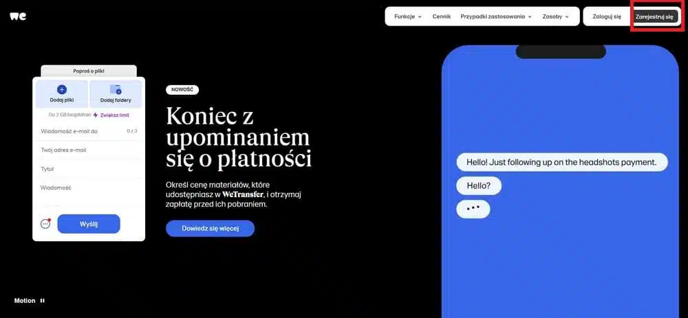 WeTransfer, zakładanie konta