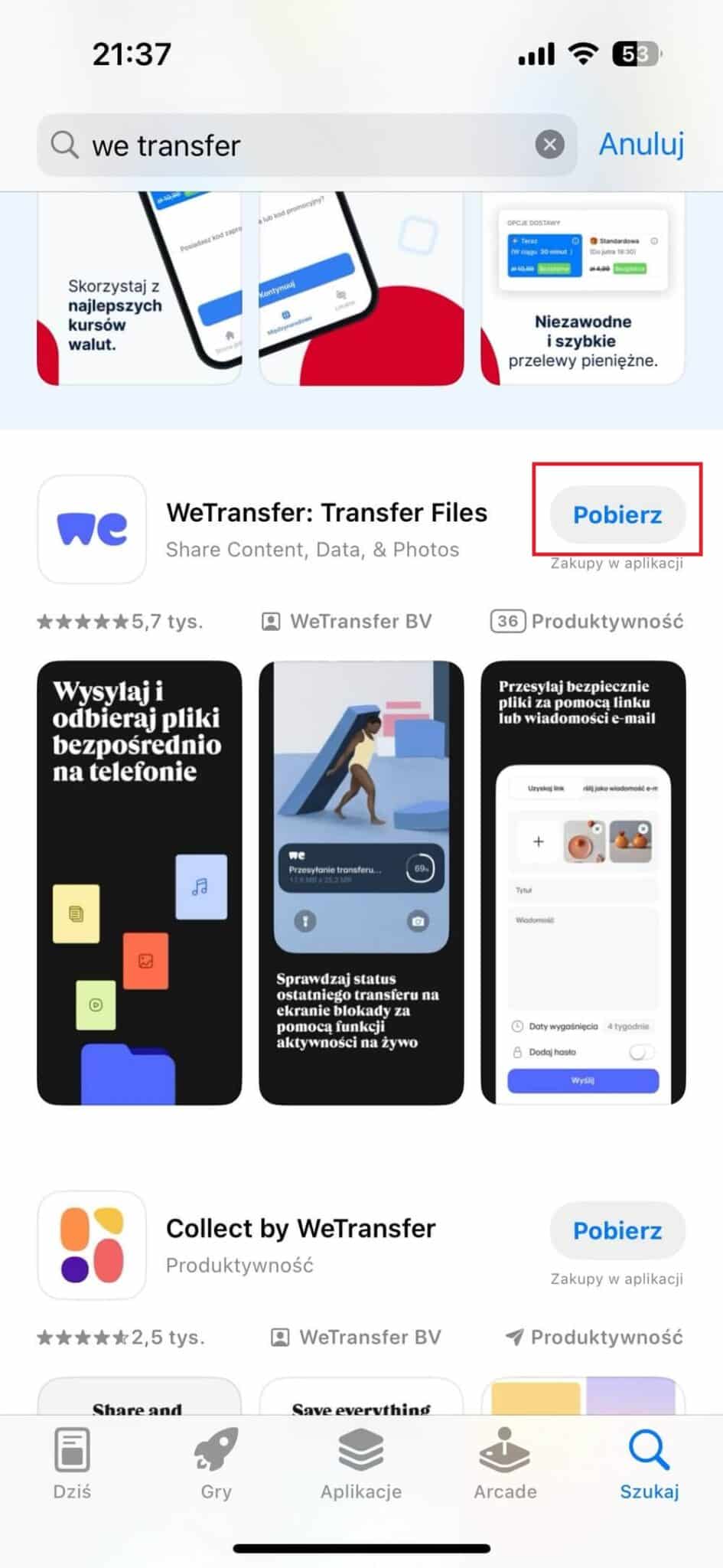 v transfer, aplikacja mobilna WeTransfer