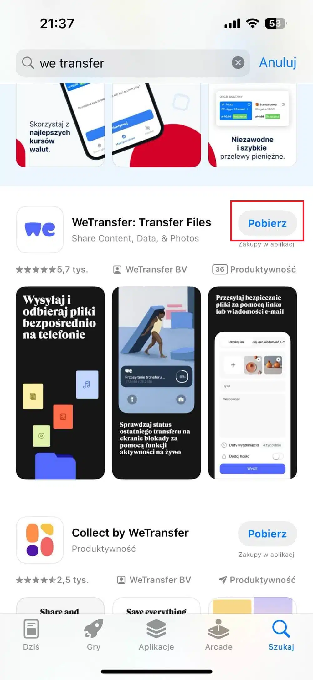 v transfer, aplikacja mobilna WeTransfer