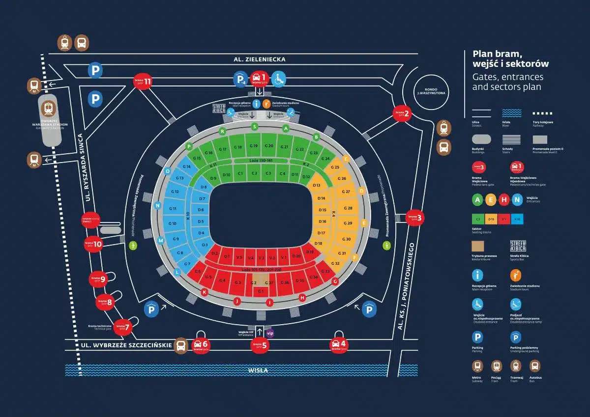 Mapa wejść bram sektorów PGE Narodowy