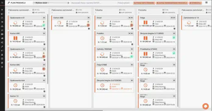 plan produkcji w postaci tablicy kanban