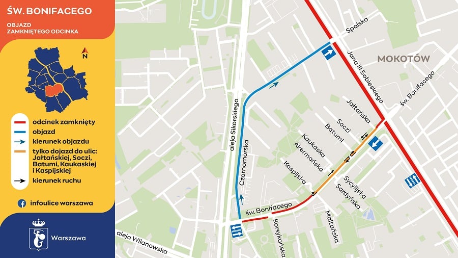 św. Bonifacego_objazd zamkniętego odcinka_graf. Infoulice Warszawa