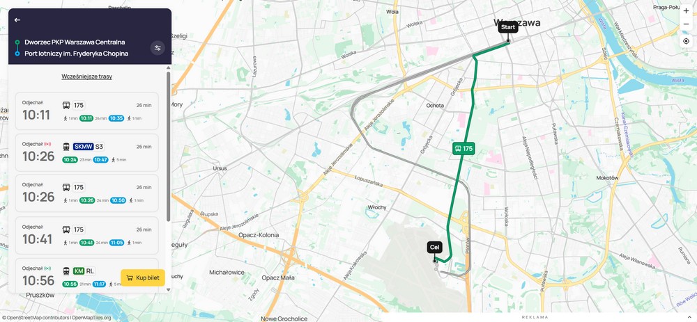 Jakdojade Warszawa – trasa z Dworca Centralnego na Lotnisko Chopina z rozkładem autobusów, SKM i mapą dojazdu