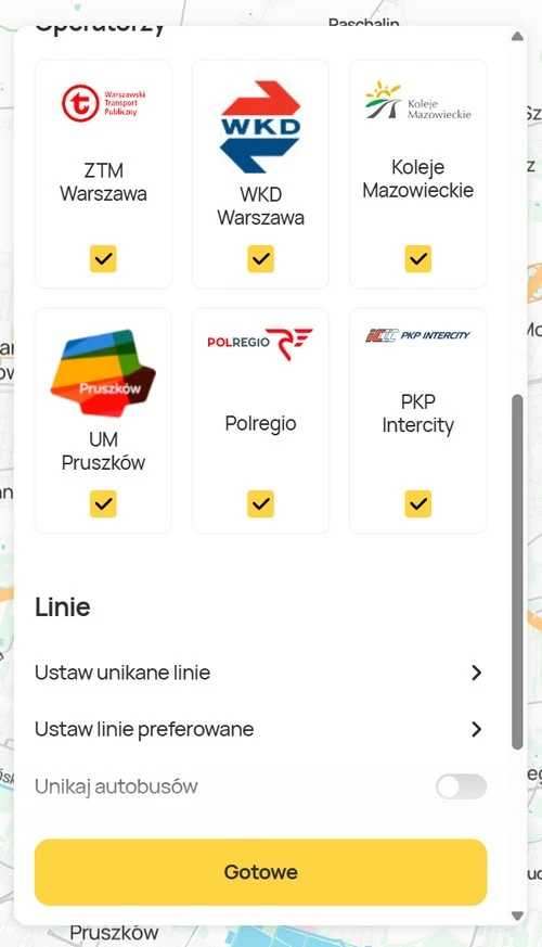 Jakdojade Warszawa – ustawienia operatorów ZTM Warszawa, WKD, Kolei Mazowieckich, Polregio i PKP Intercity