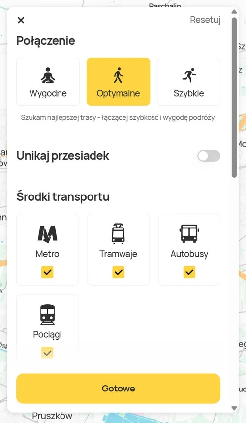 Jakdojade Warszawa – ustawienia trasy z wyborem metra, tramwajów, autobusów i pociągów