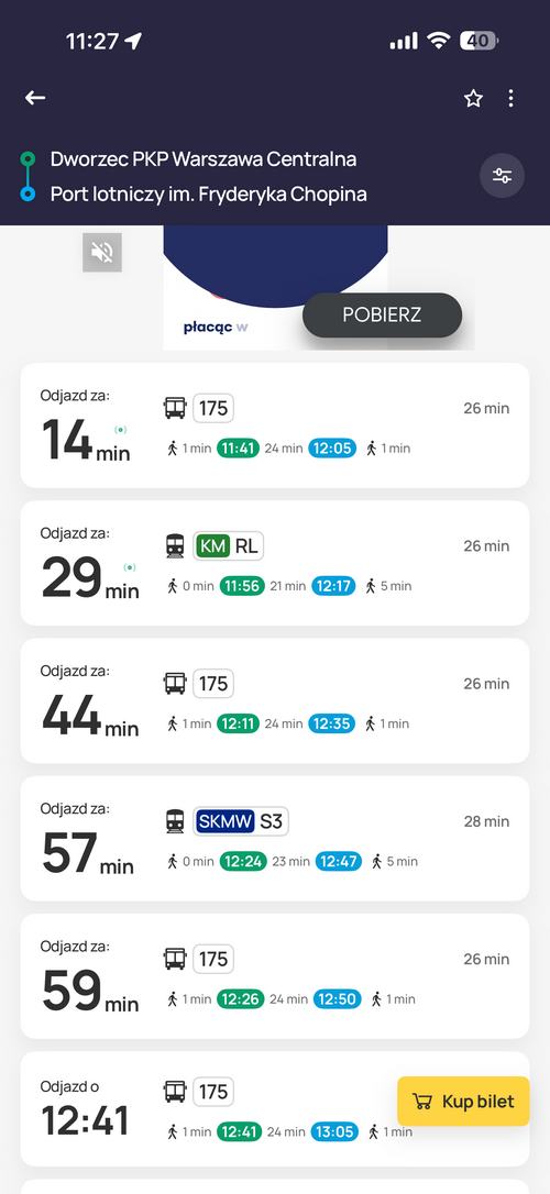 Jakdojade Warszawa – wyniki trasy z Dworca Centralnego na Lotnisko Chopina w aplikacji mobilnej