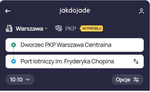 Jakdojade Warszawa – wyszukiwanie trasy z Dworca Centralnego na Lotnisko Chopina krok po kroku