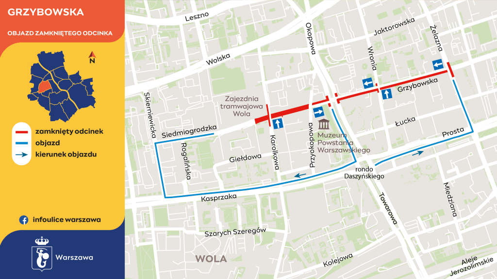 Warszawa ul. Grzybowska - objazd zamkniętego odcinka