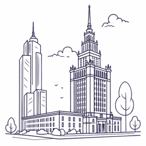 Wydarzenia Warszawa – ilustracja panoramy miasta z Pałacem Kultury i Nauki